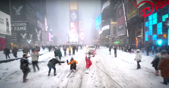 Times Square snowboarding in the New York Blizzard in 2016.